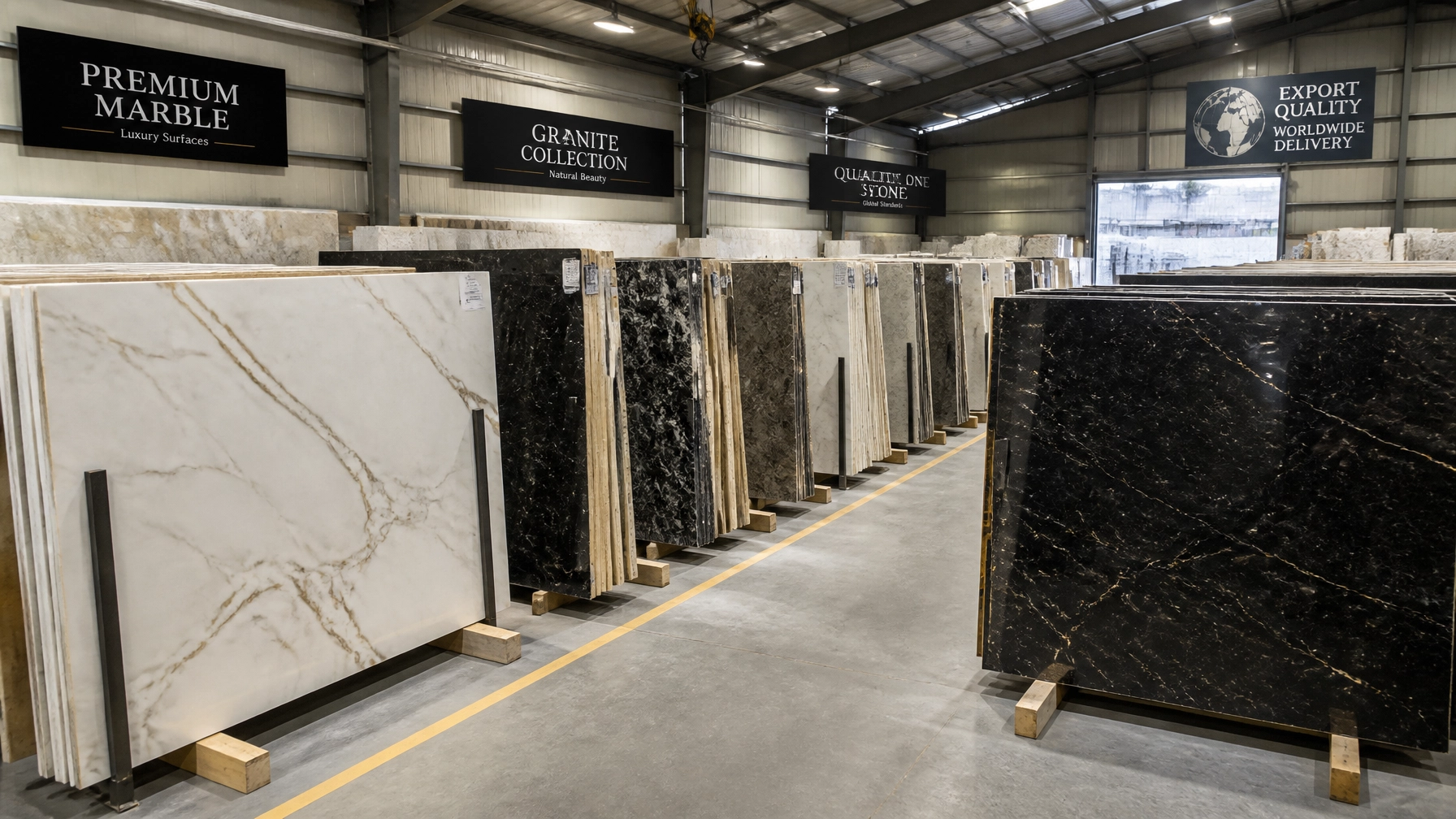 Export Intelligence: How to Source Premium Granite Slabs from India Without Logistics Headaches 1 Premium marble and granite slabs are neatly displayed in an indoor warehouse, organized by type and color. The slabs are positioned upright for easy inspection and selection, demonstrating wide inventory range and quality standards at Stone Harbor Exports.