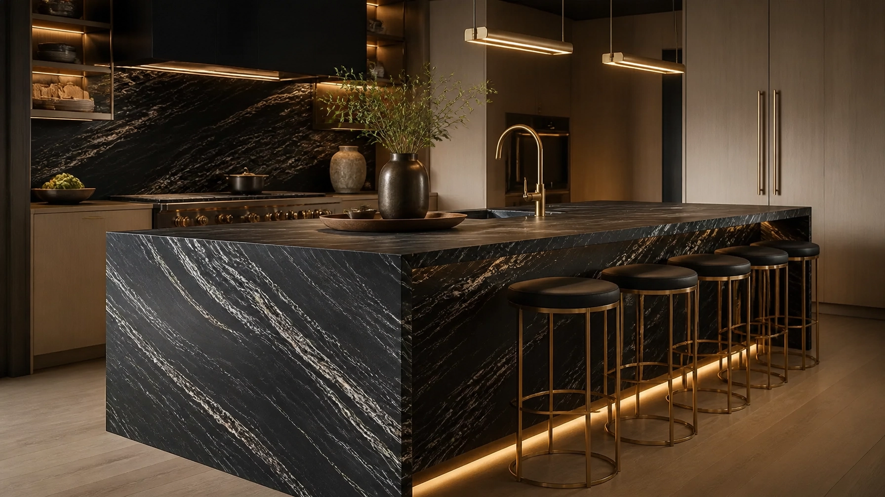 Leathered Black Forest Granite: Why This Texture is Taking Over Global High-End Interiors 1 Hero Image: A luxury kitchen featuring a Leathered Black Forest Granite waterfall island