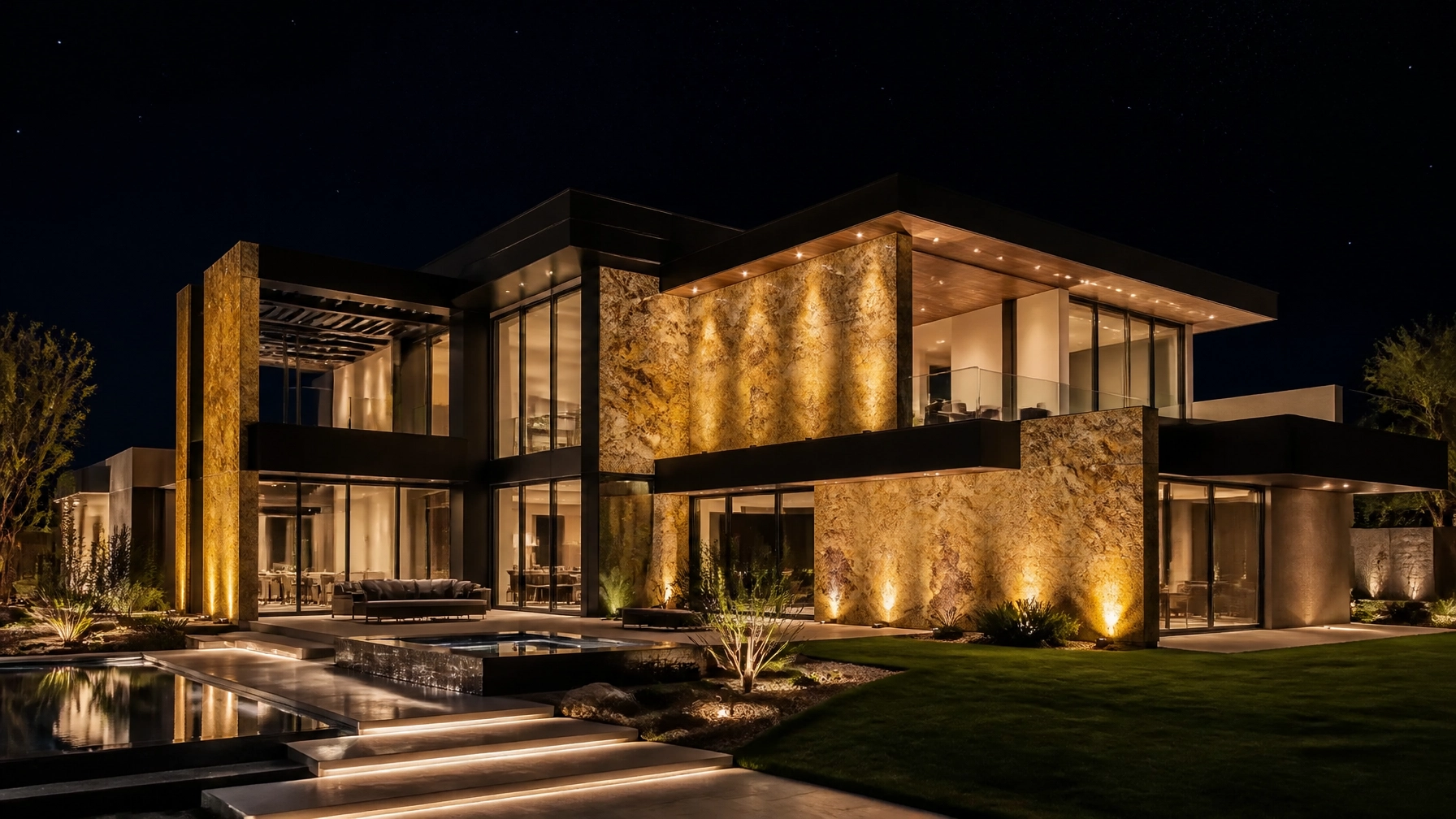 Contemporary mansion at night with exterior accent lighting highlighting Alaska Gold Granite cladding