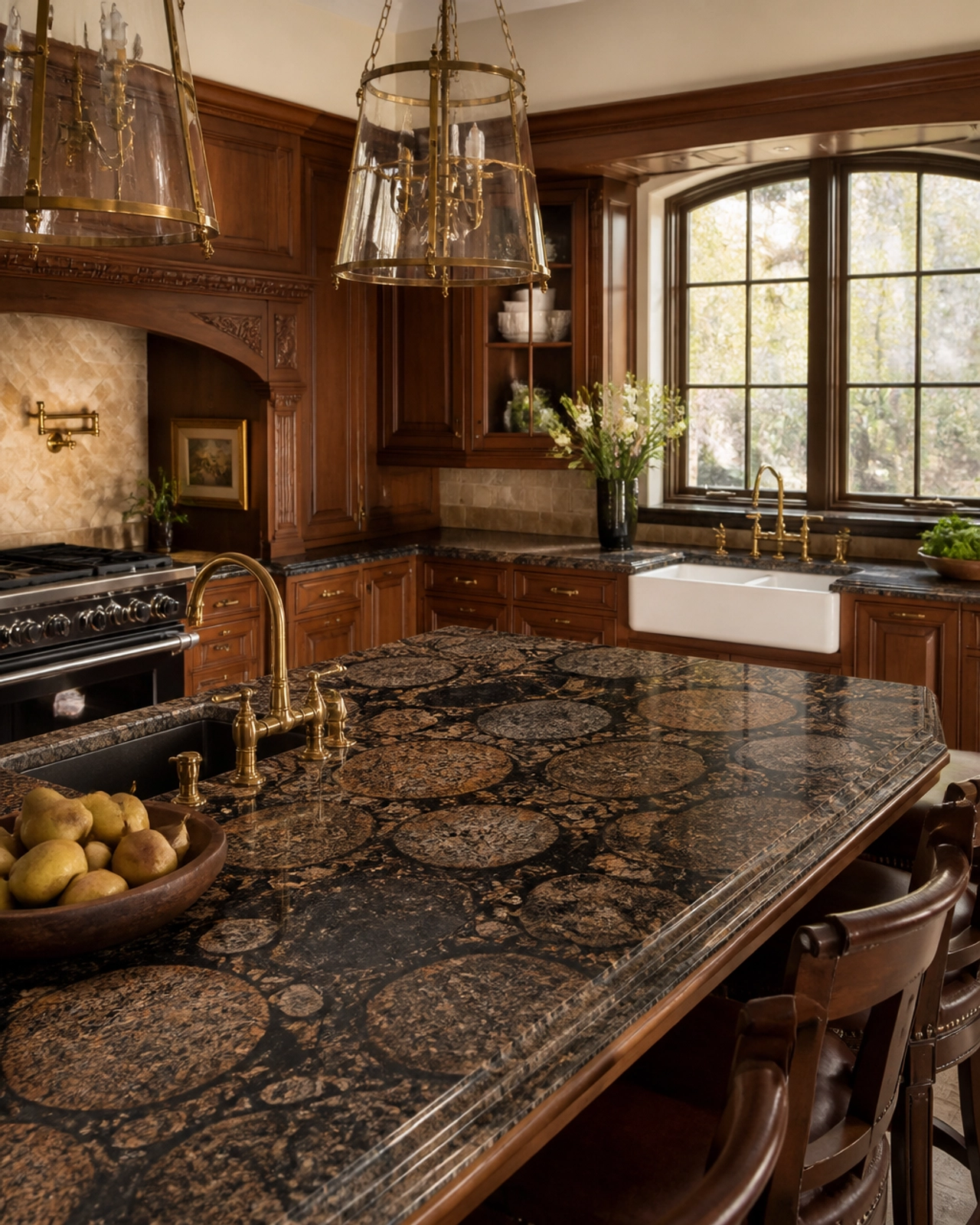 Z Brown Granite Vs. Baltic Brown: Which Is Better For Your Next Project? 1 A luxury traditional kitchen interior featuring Baltic Brown Granite countertops with its iconic circular patterns.