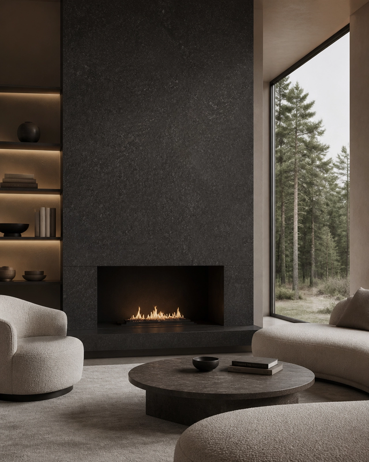 The Rise of "Quiet Luxury": Why Black Pearl Granite is the 2026 Choice for Minimalist Architects 2 A minimalist high-end interior featuring a floor-to-ceiling fireplace surround crafted from honed Black Pearl Granite