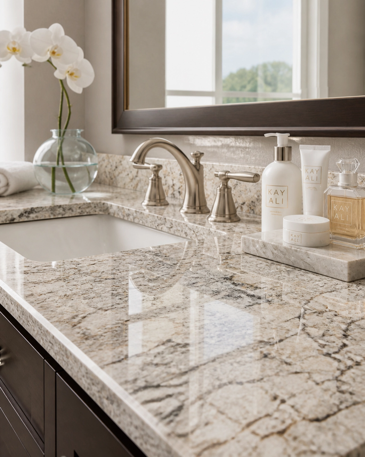 Refined Resilience: Why Colonial White Granite is the Top Choice for Global Hotel Chains 1 A high-end hotel bathroom vanity top made of Colonial White Granite, showcasing its warm cream and grey veining.