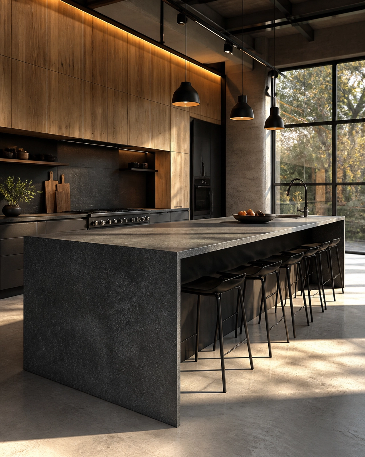 Modern Neutrals: The Growing Global Demand for Granite Grey Colour in Industrial Design 3 A contemporary industrial kitchen featuring a waterfall island made of matte grey granite with warm wood accents.