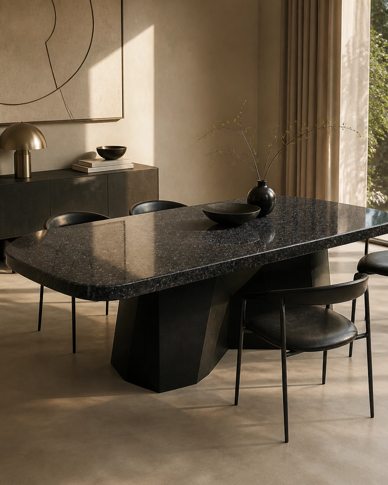The Bold & The Beautiful: Statement Walls with Fish Black Granite 3 A sculptural dining table featuring a polished Fish Black Granite top in a minimalist setting.