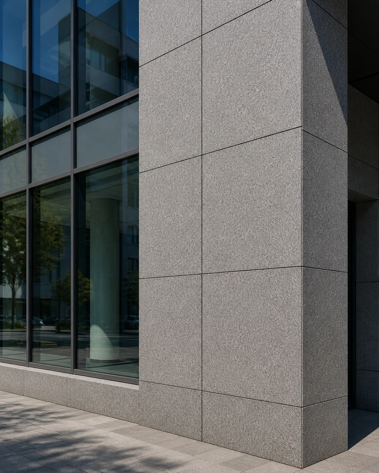 Modern Neutrals: The Growing Global Demand for Granite Grey Colour in Industrial Design 4 Modern building facade featuring a geometric grid of honed grey granite cladding.