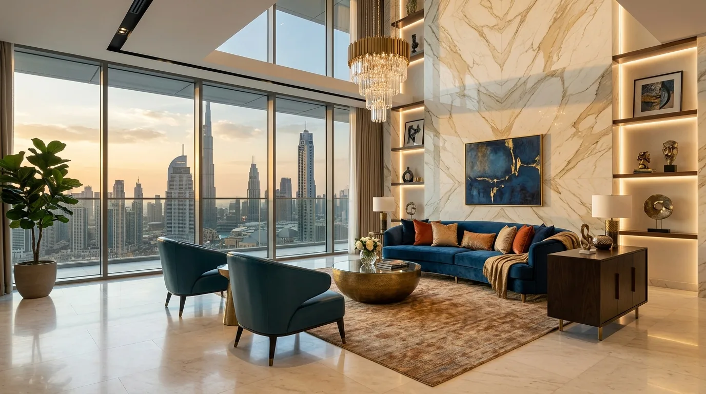 Natural Stone & Granite Exporter to the UAE 1 Opulent Dubai penthouse interior with book-matched marble feature wall, natural stone by Stone Harbor Exports