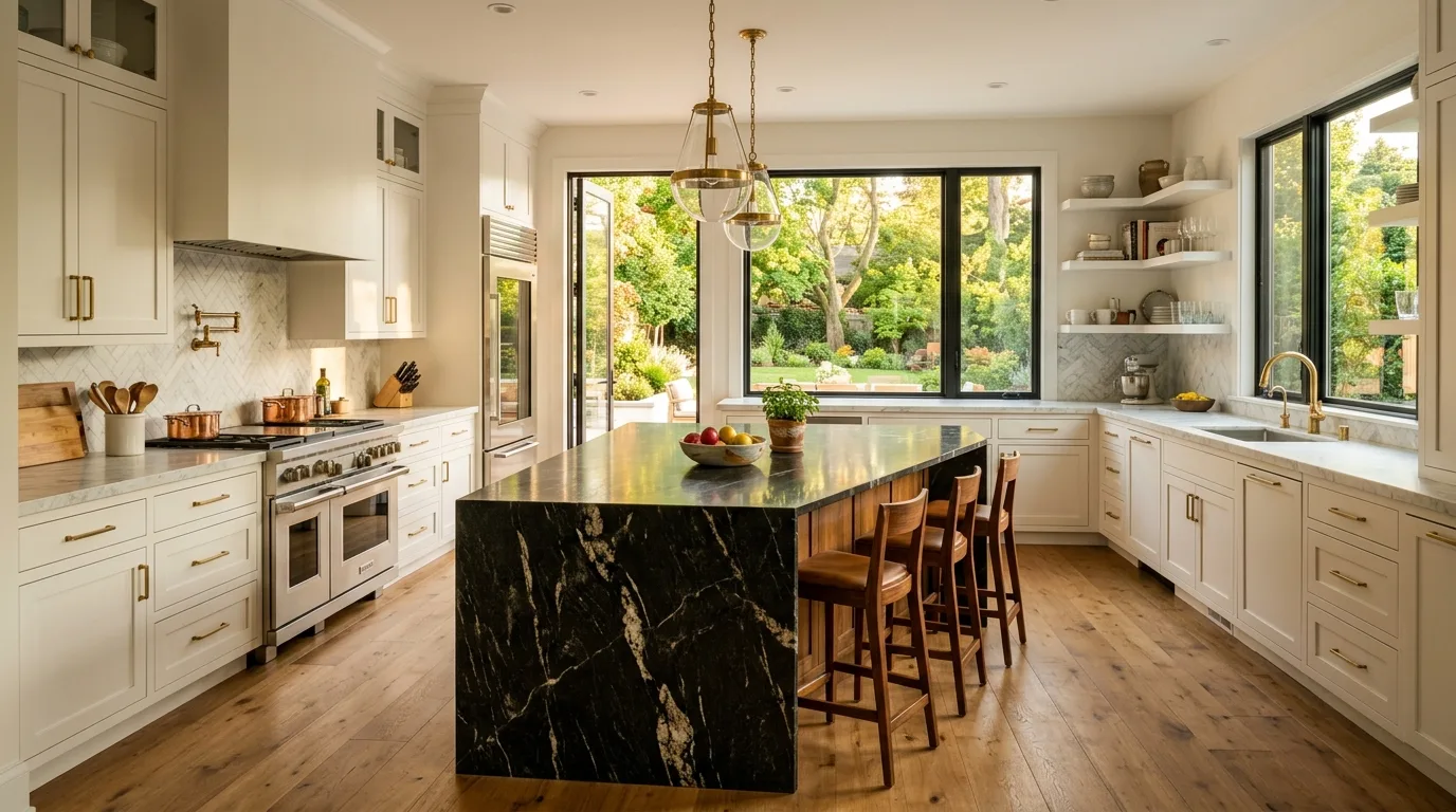 Granite & Quartzite Slabs to the USA 1 Modern American kitchen with a polished granite island, natural stone by Stone Harbor Exports