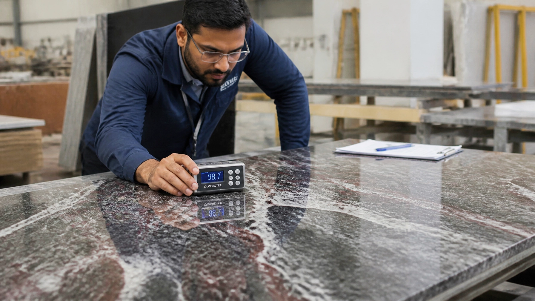Export Intelligence: How to Source Premium Granite Slabs from India Without Logistics Headaches 2 Premium polished granite slab showcasing black, white, and burgundy mineral streaks being inspected by a professional with a digital glossmeter in a processing facility.