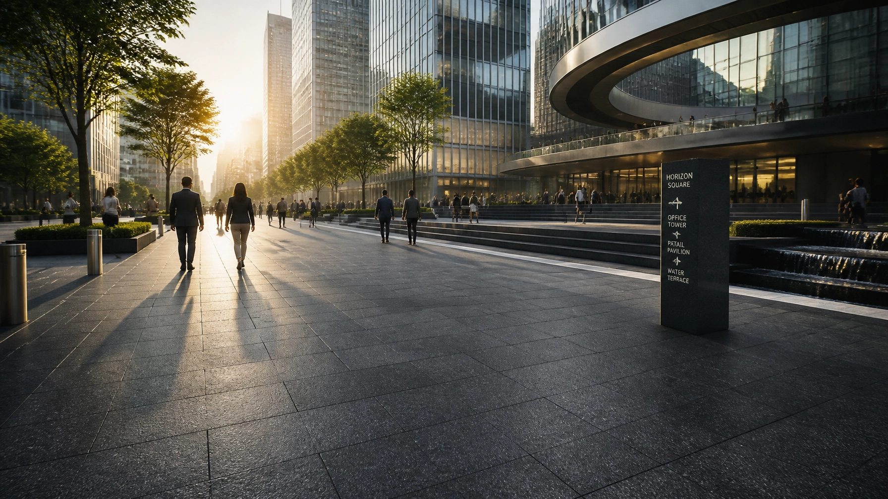 Beyond Basic Black: Comparing Jet Black Granite vs. Absolute Black for High-Traffic Infrastructure 3 A large-scale outdoor public plaza featuring durable Jet Black Granite paving in a flamed finish, showcasing resilience and visionary urban design.