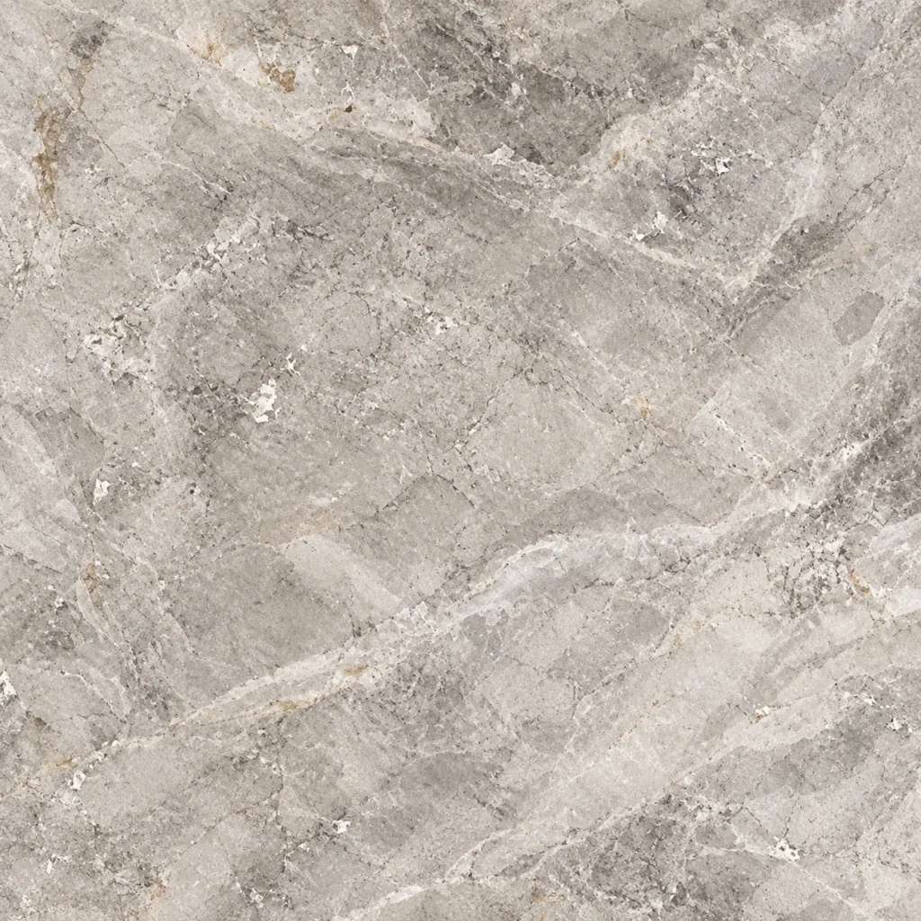 Armani Grey marble close-up: warm grey with white veins and rust flecks