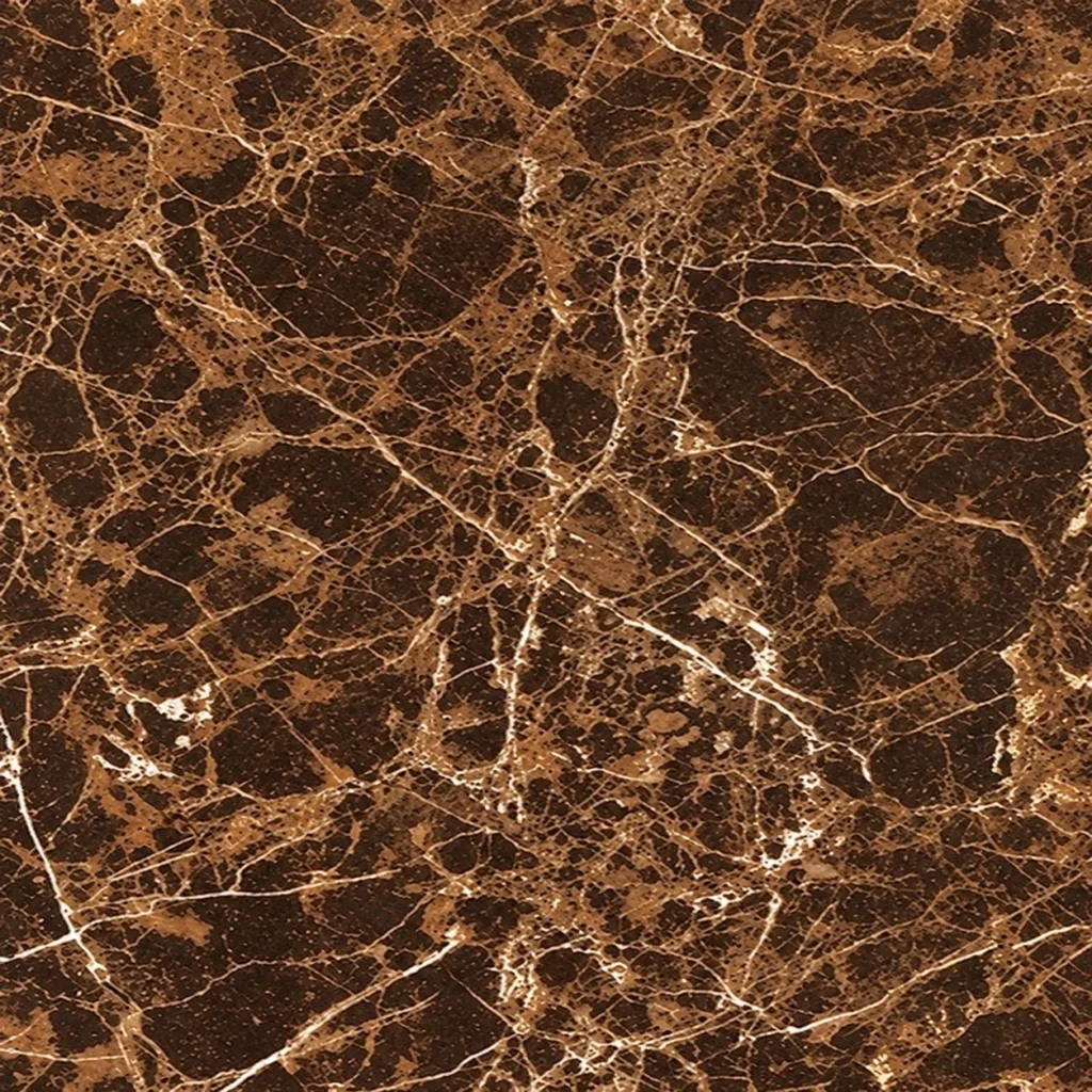 Dark Emperador marble close-up: chocolate brown with golden and white veins