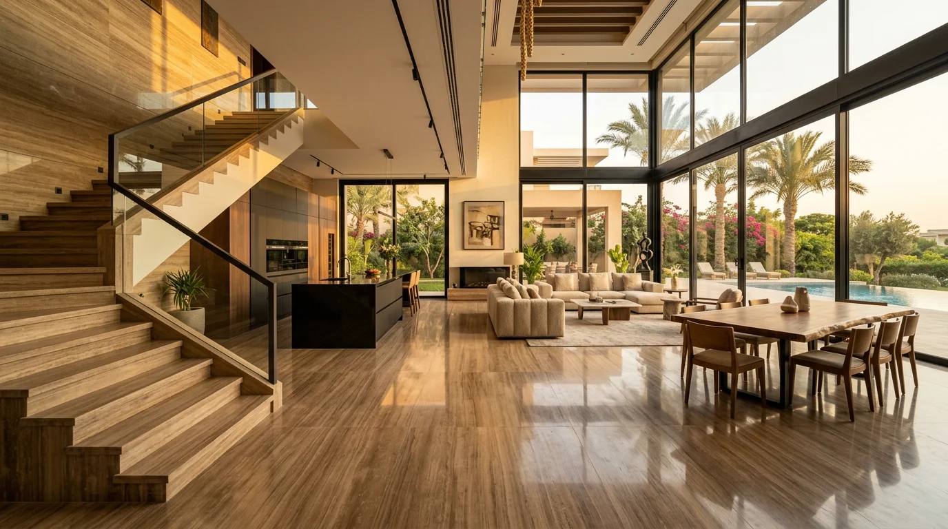Indian Granite Supplier to Egypt 1 Modern New Cairo villa with polished Teak Wood granite floors and staircase, natural stone by Stone Harbor Exports