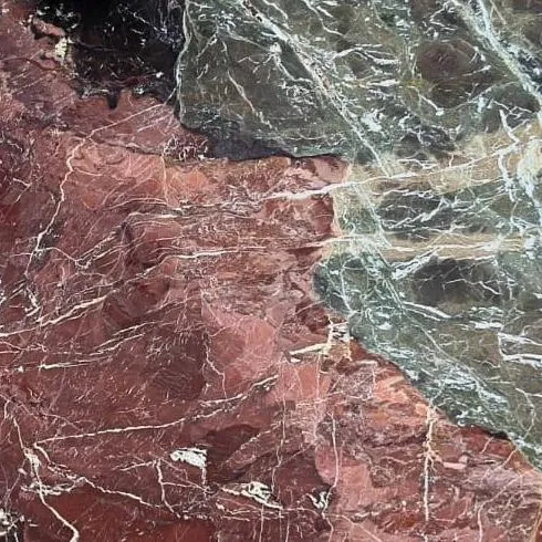 Imperial Matcha Marble close-up, matcha green-grey and burgundy zones with white and gold veining, Stone Harbor Exports