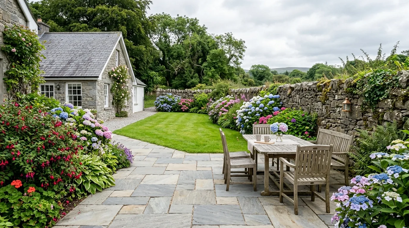 Patio Slabs & Granite Supplier to Ireland 1 Irish garden patio paved with grey Indian sandstone slabs, Stone Harbor Exports