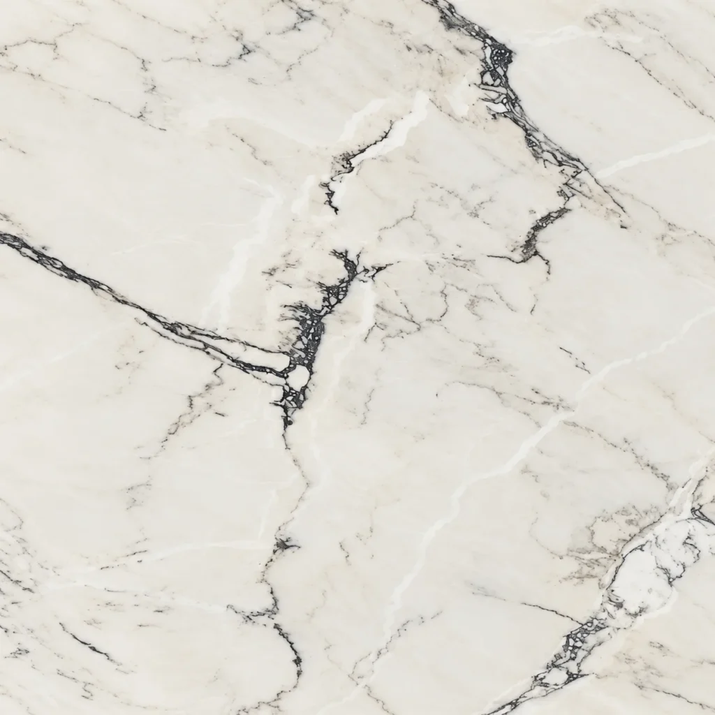 White Michelangelo marble close-up: ivory white with bold black veins