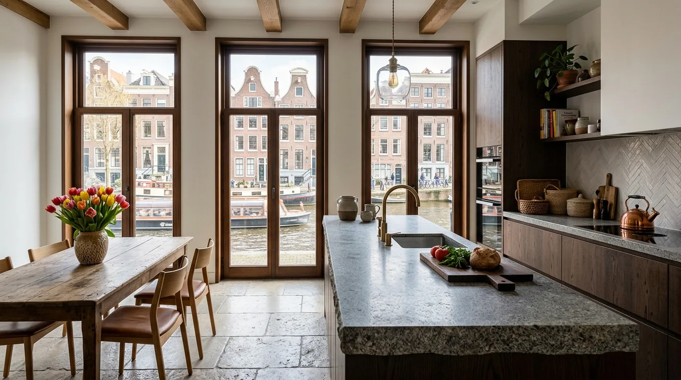 Graniet en natuursteen uit India 1 Moderne grachtenpand-keuken met granieten aanrechtblad en natuursteen vloertegels, Stone Harbor Exports